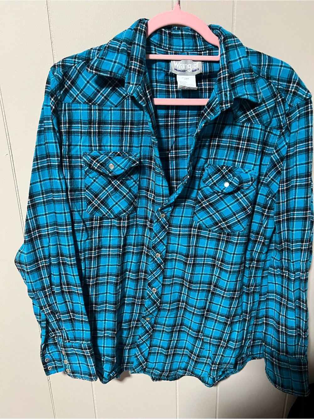 Wrangler Turquoise and Black Plaid Button-Down Shirt